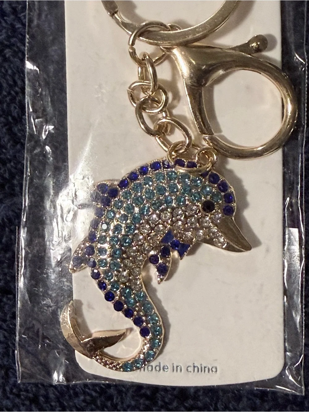 Mint Gold Dolphin Keychain with Blue and Teal Rhinestones